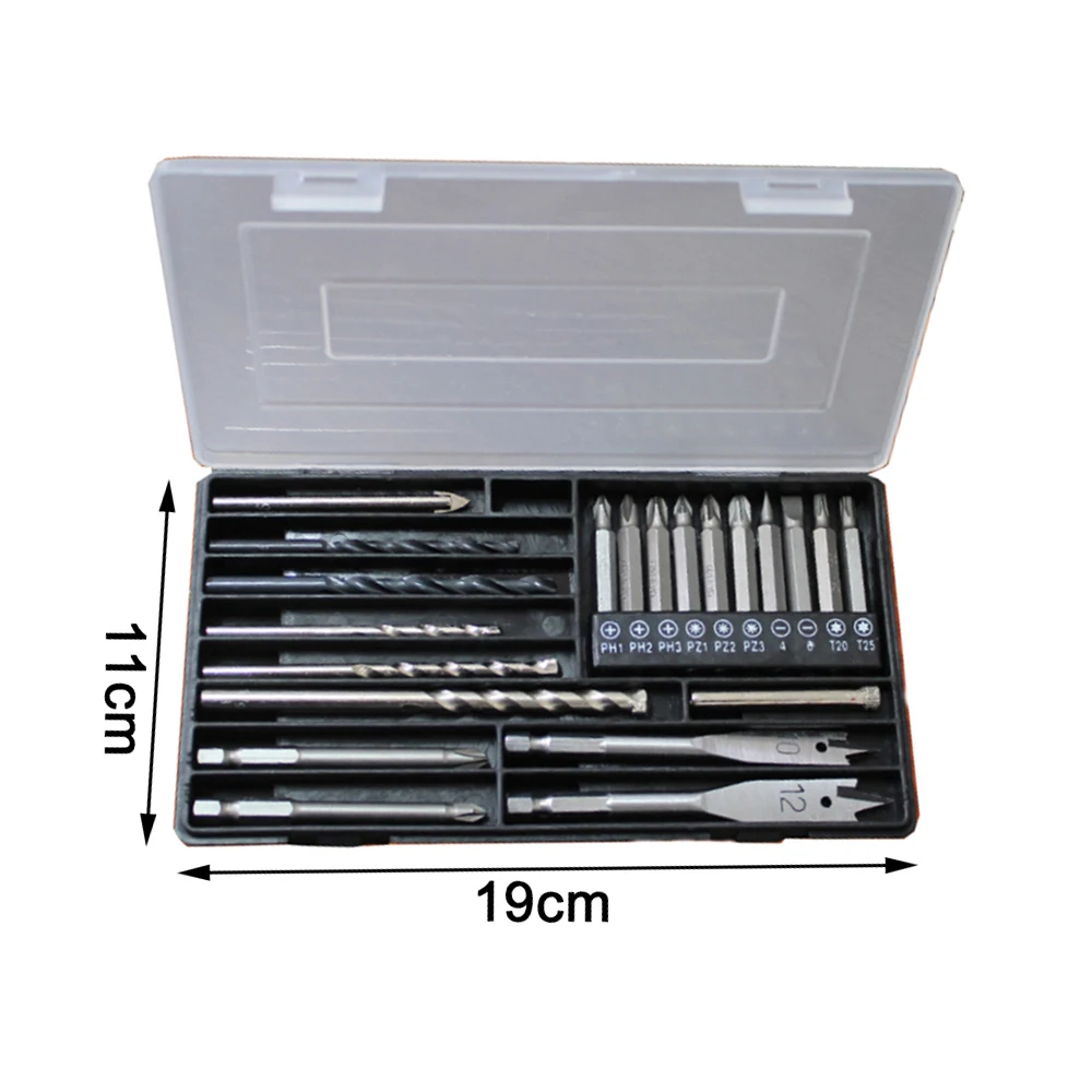 

27pcs Multi-functional Drill Bit Box Set Hardware Tools Set HSS Screwdriver Flat/Twist/Tile Drill Bits Tool Set with Storage Box