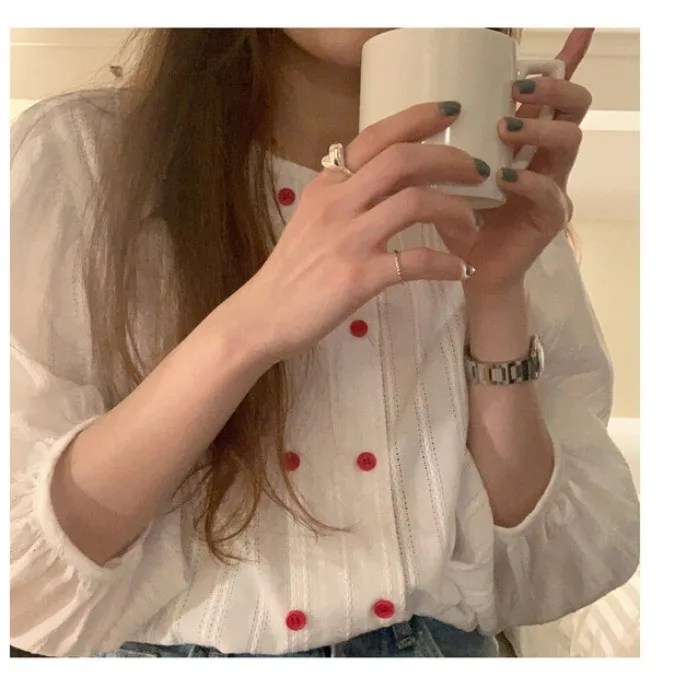 

Ppshd Spring/Summer Korean Chic Vintage Heavy-Duty Jacquard Contrast Color Double-Breasted Puff Sleeve 3/4 Sleeve Shirt Top