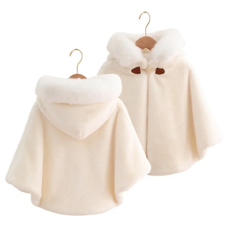 

Winter Kid Fashion Cloak Autumn Warm Woolen Coat Overcoat Fur Collar Cotton Padding Thin Baby Girl Outerwear Jacket Clothes