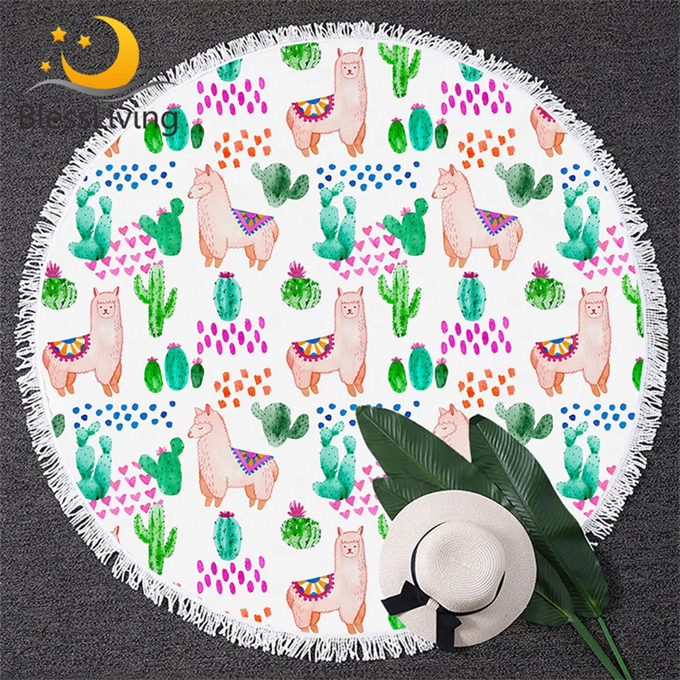 

BlessLiving Llama Large Beach Towel Alpaca Round Towel With Tassel Cactus Watercolor Toalla Sunblock Blanket Animal Beach Mat