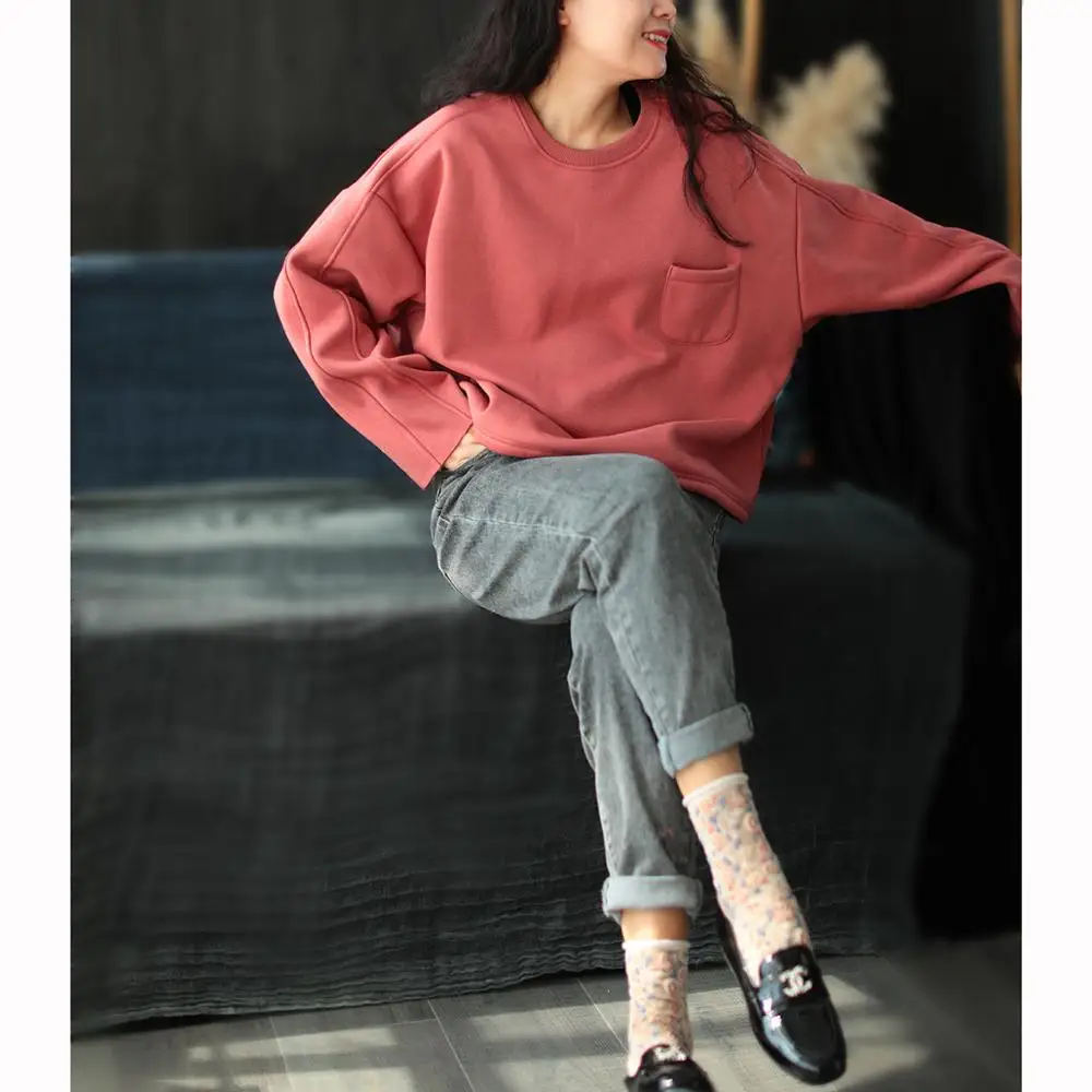

Winter Fashion Literary Vintage Wild Casual Loose Pullover Tops Female Solid Color Thick Fleece Warm Premium Cotton Sweatshirt