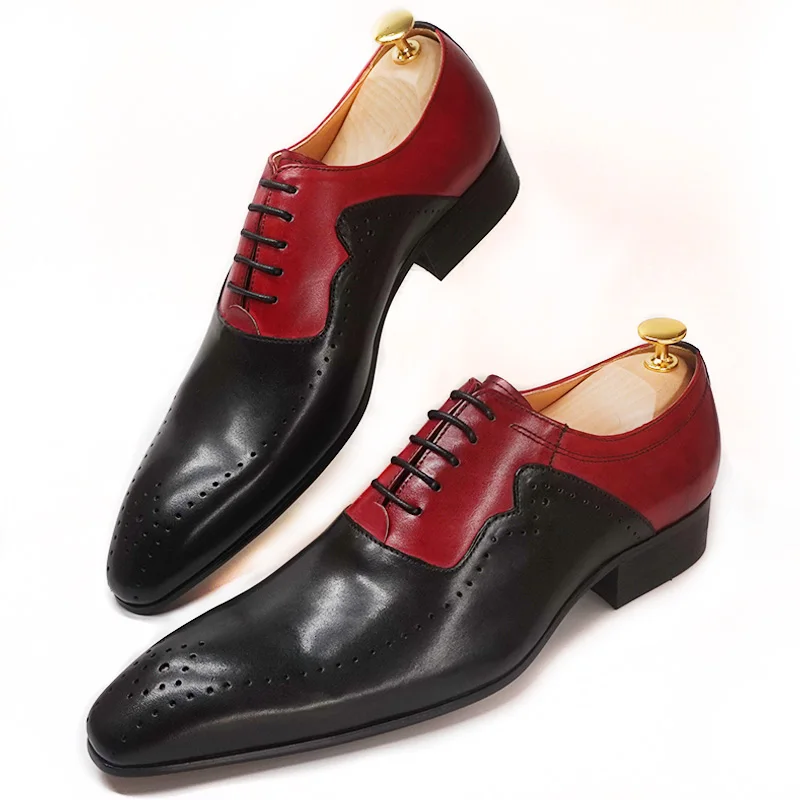

Luxury Men Oxford Shoes Lace up Pointed Toe Classic Black Mixed Red Geunine Leather Dress Shoes Office Wedding Men Formal Shoes