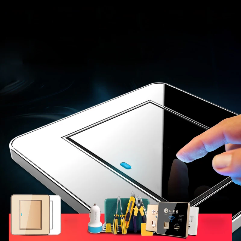 Бытовой выключатель типа 86 розетка с любой точкой черное зеркальное стекло