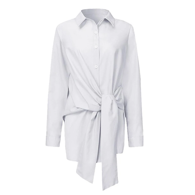 

Spring New Women Blouse Turn Down Collar Button Sashes Design Shirts Casual Solid Color Antumn Long Sleeve Female Blouse Tops