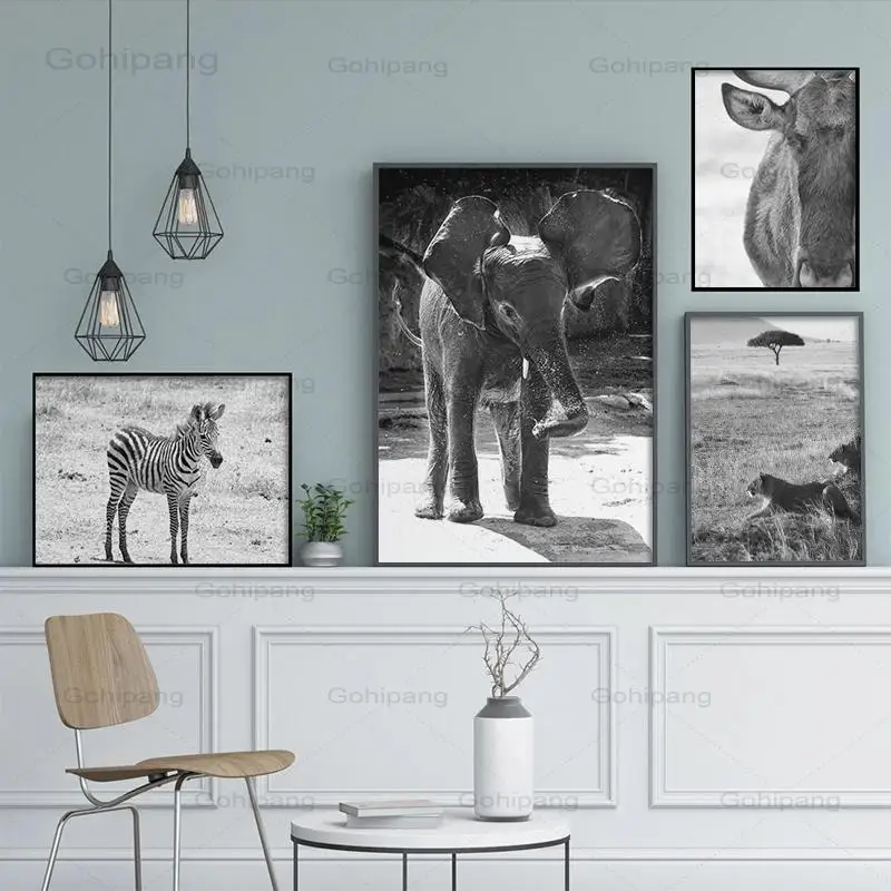 

Canvas Painting Black and White Animal Posters and Prints Nordic Elephant Lion Zebra Steppe Wall Art Pictures Wall Decor Home