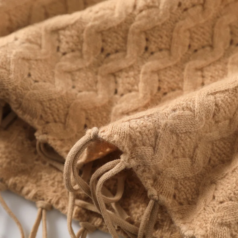 

100% Wool Sweater Suit Dress Crew Neck Knitted Sweater Women Tassel Skirt Suit