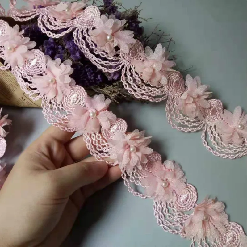 2 ярда розовый жемчуг кисточкой шифон с цветочной вышивкой кружевной отделкой