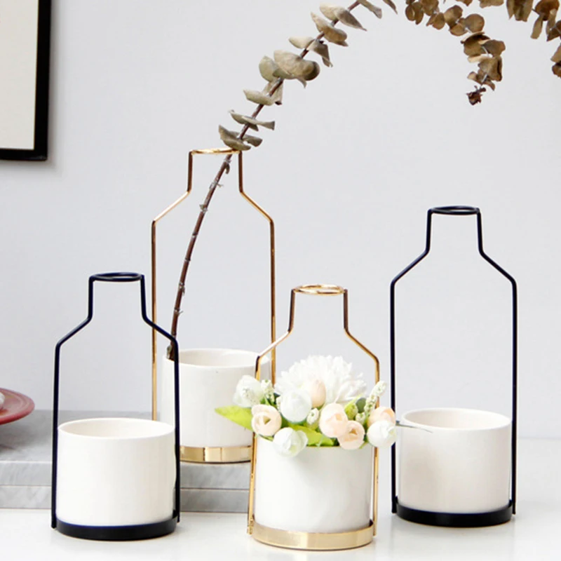 

Wrought Iron Ceramic Vase Desktop Flowerpot Hydroponic Pots Flowers Bottle Home Decoration