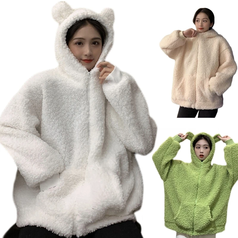 Sudaderas de manga larga con capucha para mujer, chaqueta Kawaii de piel sintética con orejas de oso, sudadera con cremallera, abrigo holgado de lana