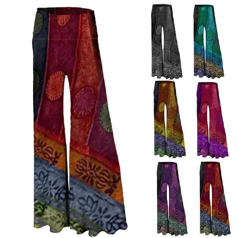 

Ethnic Trousers Women's 2021 New Ethnic Style Printed Wide-leg Trousers Show Legs Long Flared Pants Trousers