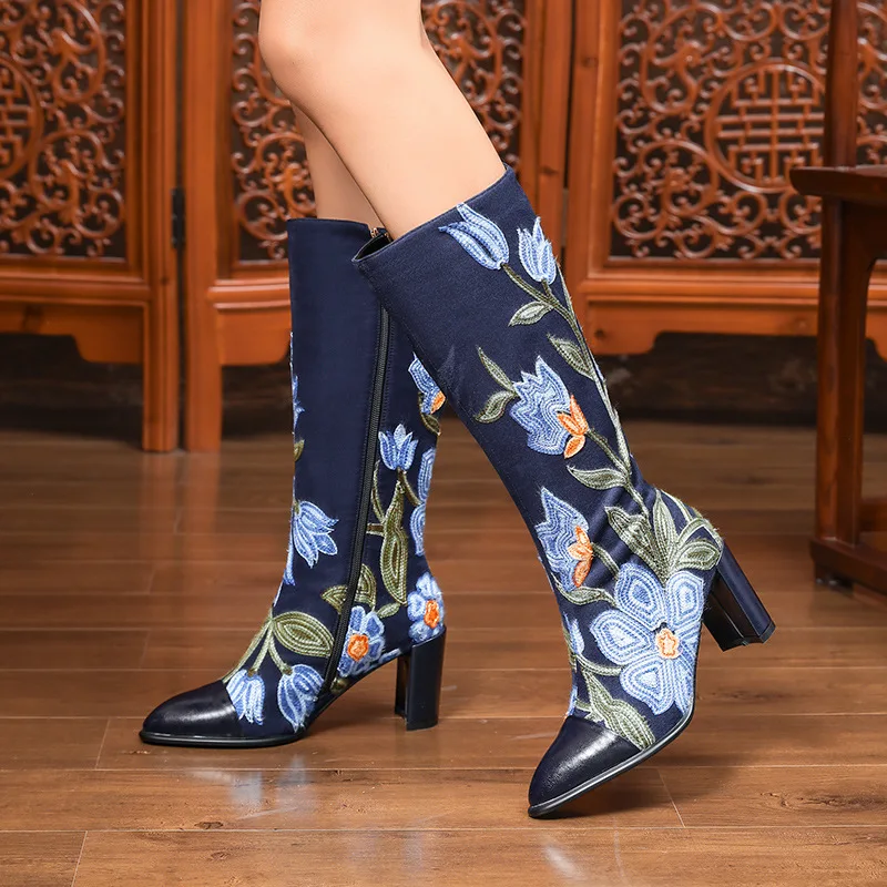 

YourSeason 2021 Ladies Platform Genuine Leather Zip Boots Pointed Toe Handmade Casual Lady Winter Print Embroider Shoes Retro