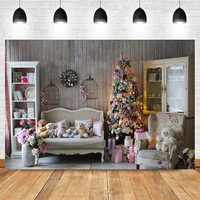 laeacco indoor christmas tree wood floor cartoon doll sofa baby birthday backdrop photographic photo background for photo studio
