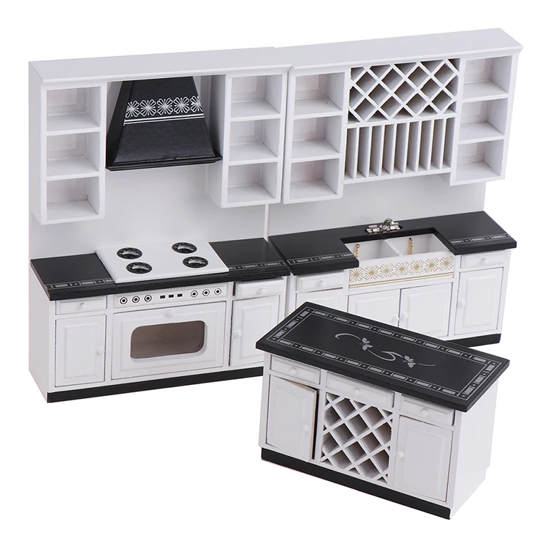 

Набор миниатюрных кухонных шкафов 1:12 для кукольного домика, деревянная мебель, раковина, плита