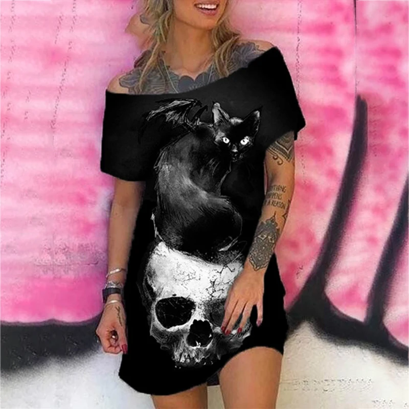 

Summer Dress 2021 Skull Print Dresses for Women Gothic Short Sleeve Dress Off Shoulder Loose Tank Dress Plus Size