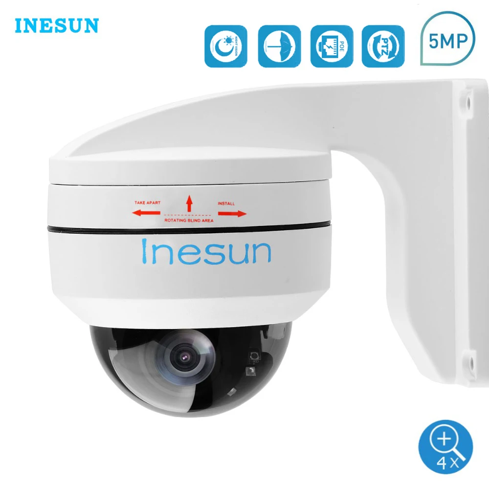 

IP-камера Inesun наружная, 5 МП, PoE, PTZ, 2560x1920P, Super HD, 4-кратный оптический зум, антивандальная, с настенным кронштейном