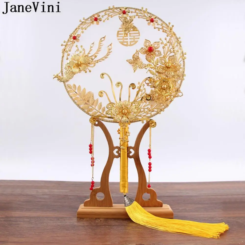 

JaneVini Luxury Gold Wedding Bridal Fan Chinese Style Traditional Ancient Bride Hand Fan Tassel Flowers Red Beads Bouquet Fan