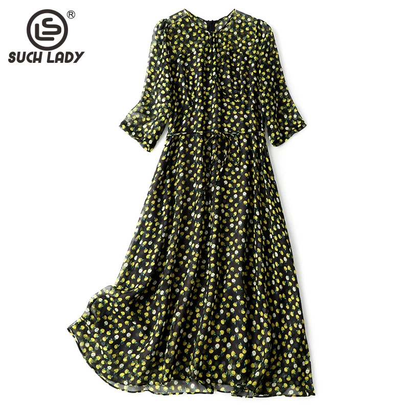 

100% Natural Silk Women's Dresses O Neck 3/4 Sleeves Fruits Printed Lace Up Waist Elegant Mid Calf Dress Vestidos