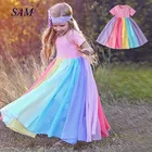 Летнее платье с коротким рукавом для девочек 2021, длинные платья с прострочкой радужного цвета для детей, детская одежда, платье для девочек 2-8 лет
