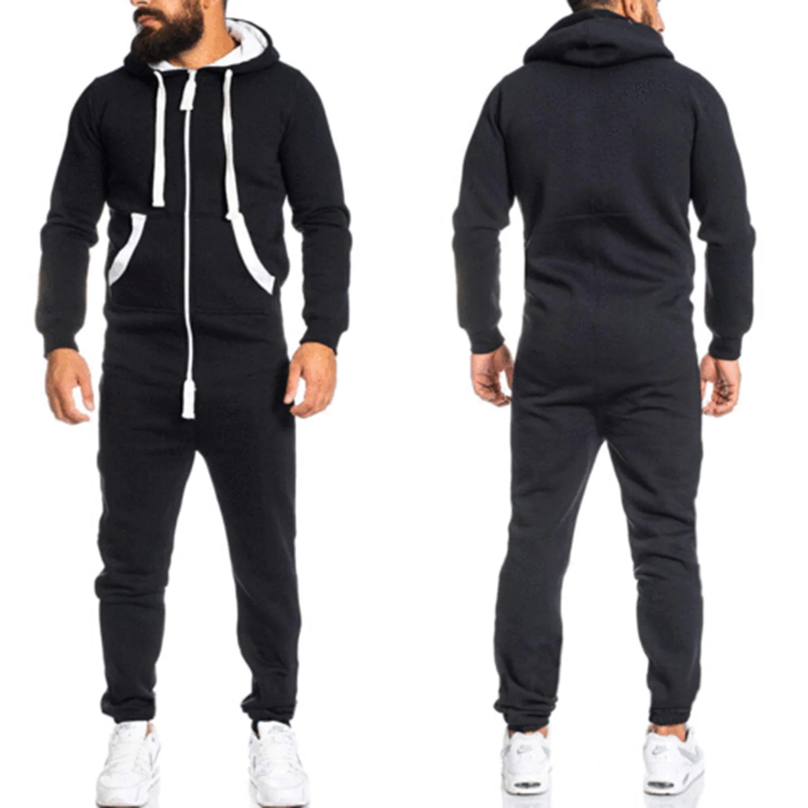 

Men Solid Color Hooded Romper with Pockets Casual Long Sleeve Zip-up Jumpsuit for Winter Fall