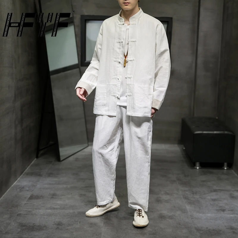 

Chinese Style Linen Cotton Improved Hanfu Suit Loose Plus Size Tang Suit Jacket Tai Chi Kung Fu Two Piece Suit Men Clothing