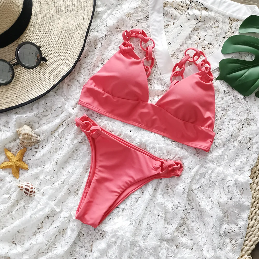 2020 New Women Sexy Binikis Set Swimwear Solid Backless Swimsuit Chains Trangle Bodysuit Summer Beach Bathing Suit Biquini