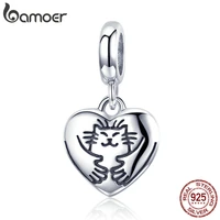 bamoer genuine 925 sterling silver hug cat in heart shape pendant charm fit charm bracelet bangles diy jewelry making scc955