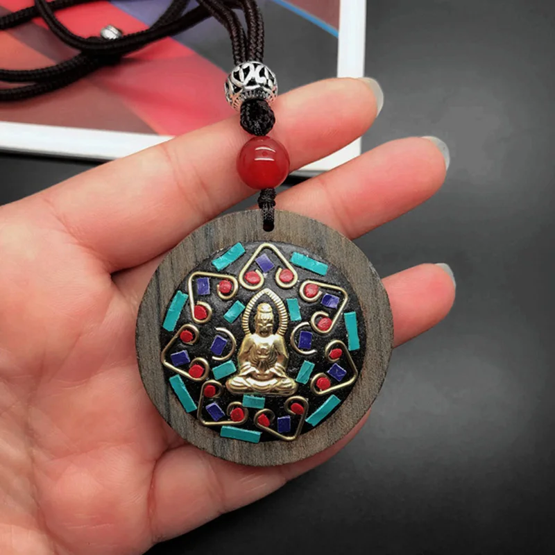 Natural Round Wood Pendant Necklace Sweater Chain Long For Men And Women Six Words Buddha Figure Casual Accessories Jewelry |