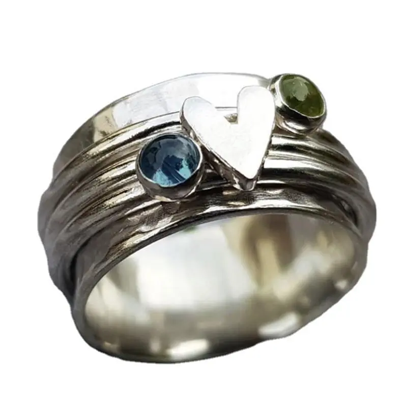 

Vintage Heart Rings for Women Luxury Blue Green Crystal Women's Promise Ring White Gold Color Wedding Jewelry Accessories Gifts