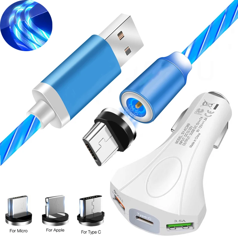 Магнитный кабель Type C Micro USB светодиодное освещение Быстрая зарядка зарядное