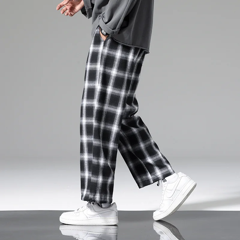 Черно-белые клетчатые брюки мужские прямые свободные парные повседневныеуниверсальные брюки с широкими штанинами в Корейском стиле с кулиской длямужчин