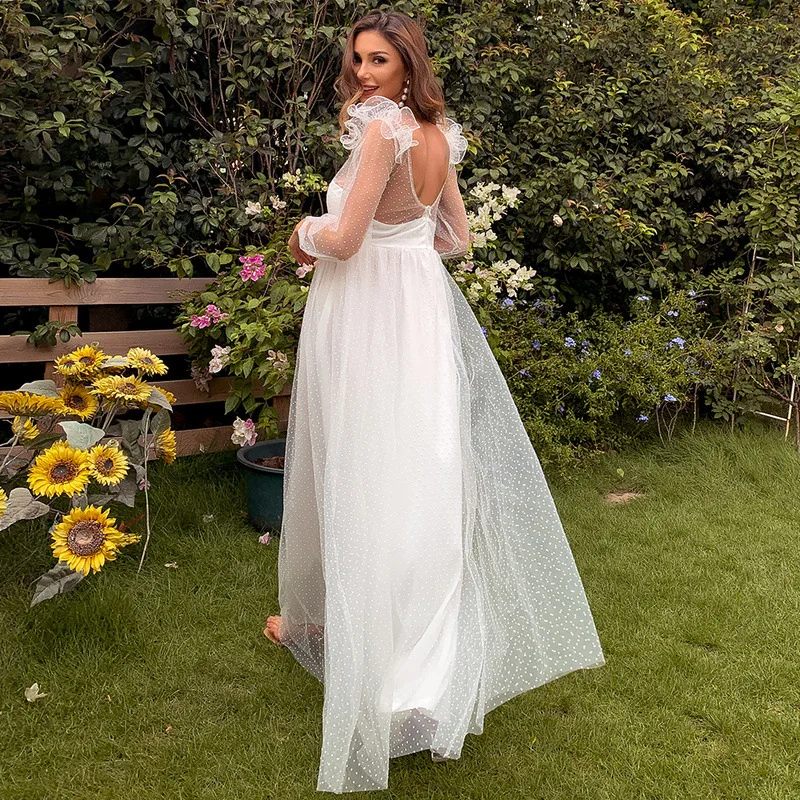 

Sladuo 2021 Women Elegant See Through Deep V Long Sleeve Party Dress Backless Holiday Mesh Dress Female Solid Casual Maxi Dress