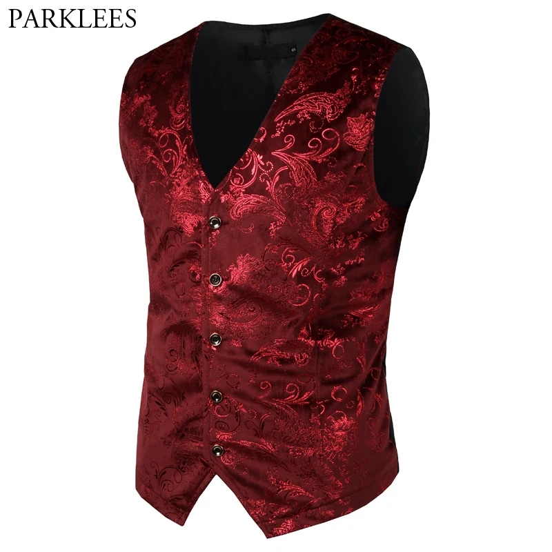 Mens Red Paisley Bronzing Vest Single Breasted V-Neck Wedding Suit Vests Men Gothic Aristocrat Steampunk Victorian Gilet Homme
