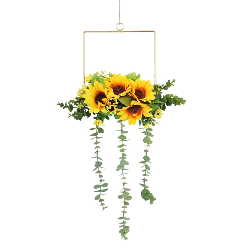 

HOT-Artificial Sunflower Metal Floral Hoop Wreath Set of 3,Wall Hanging Hoop Garland Wreath for Wall Wedding Decor