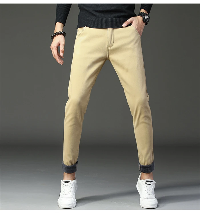 Зимние новые мужские теплые повседневные брюки бизнес мода Slim Fit стрейч плотные брюки мужские брендовые хаки ВМФ серые брюки
