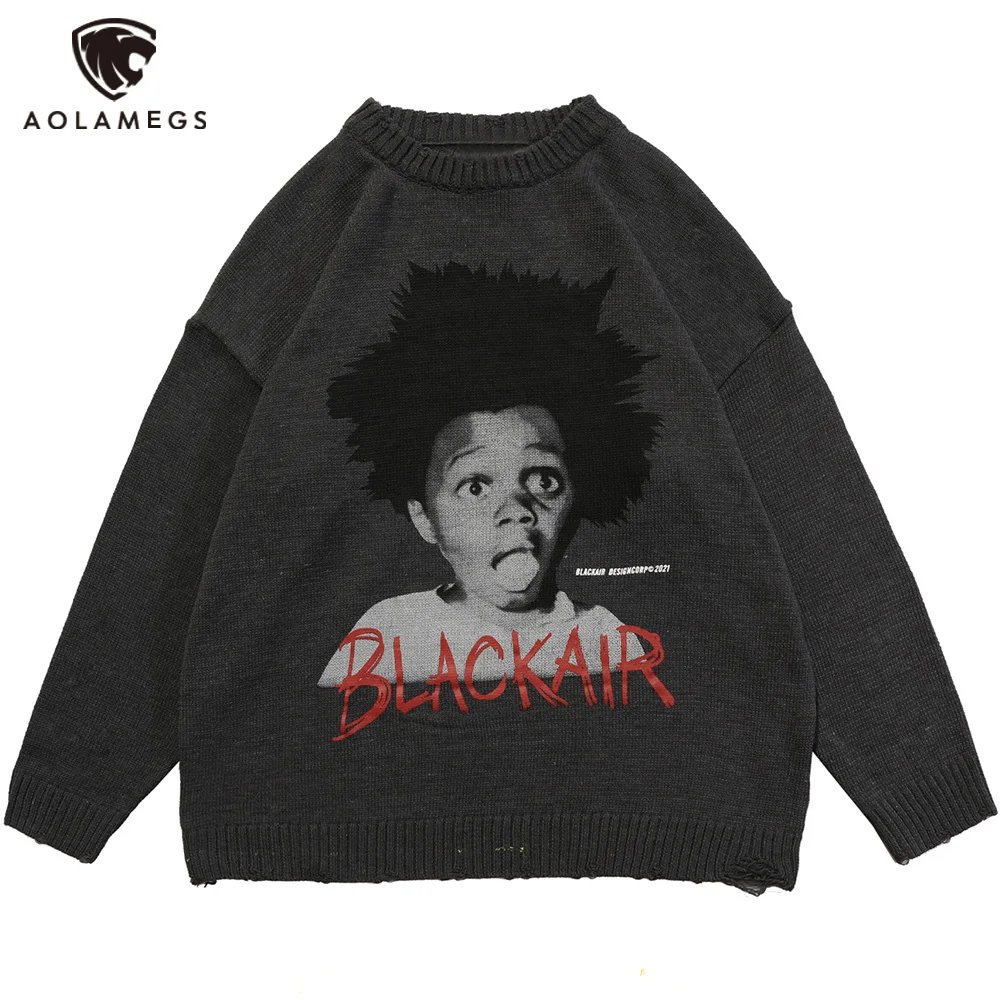 

Aolamegs Sweater Men Punk Boy Esthetics Letter Print Knitted Pullover Couple Fashion High Street O-Neck Jumper Casual Streetwear
