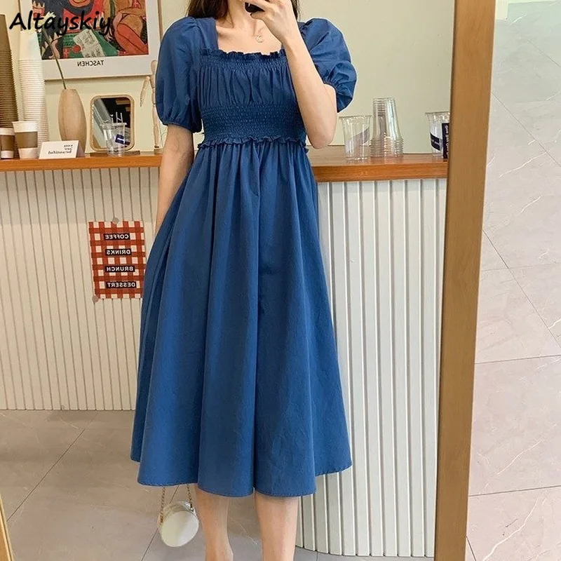 

Short Sleeve Dress Women Summer Elegant Sweet Slim Square Collar Pleated Ruffles Empire Chic French Style Ulzzang Solid Stylish