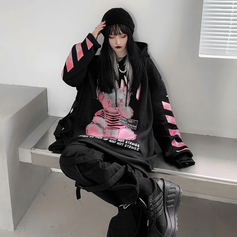 

Женская толстовка с капюшоном и принтом, новинка весны 2021, свободная уличная длинная толстая черная куртка с капюшоном, модная куртка