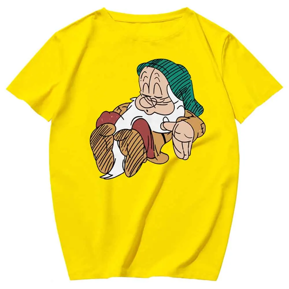 Стильный пуловер с мультяшным принтом семи гномов круглым вырезом и коротким