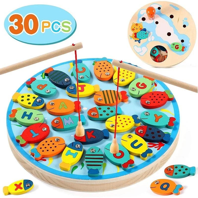 

2 In 1 Fishing Game 30 PCS Wooden Magnetic Alphabet Letter Fishing Toys for Kids Toddles Educational Toys with Magnet Poles