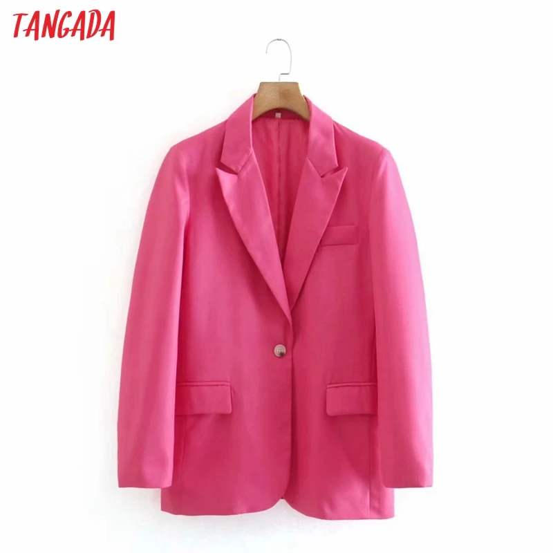 

Tangada Women 2021 Fashion Solid Hotpink Blazer Coat Vintage Long Sleeve Female Outerwear Chic Tops 2J39