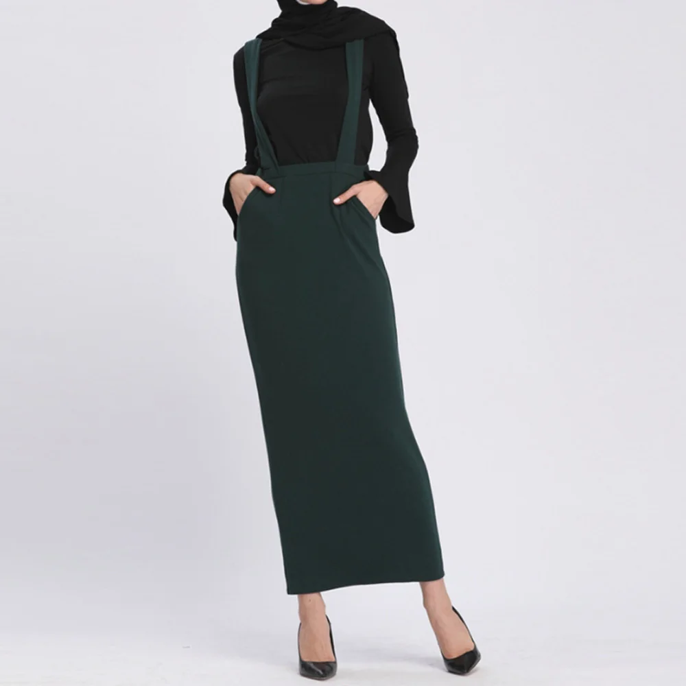

Muslim Suspender Skirt Women Stretchy High Waist Ankle Length Pencil Skirts Islamic Clothes Casual Black Long Skirt With Straps
