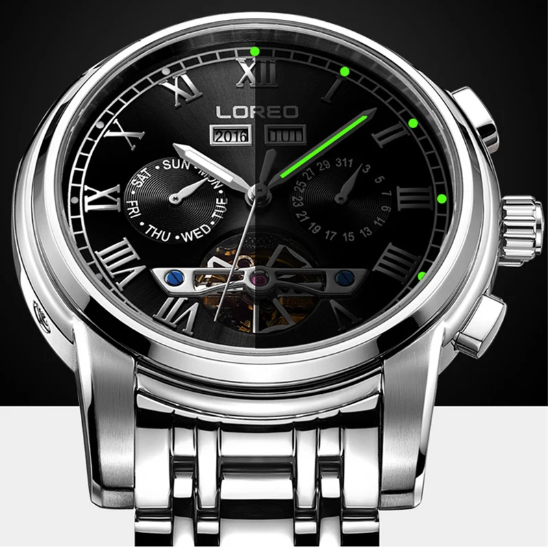 

LOREO Fashion Business Automatic Watch Men Luxury Mechanical Tourbillon Clock Stainless Steel Waterproof Sport Brand watch