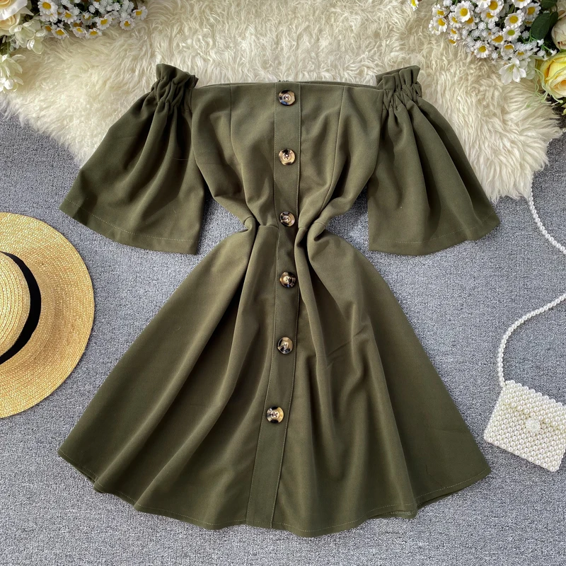 Новинка 2020 года. Весенне-летнее женское платье с открытыми плечами и пуговицами в