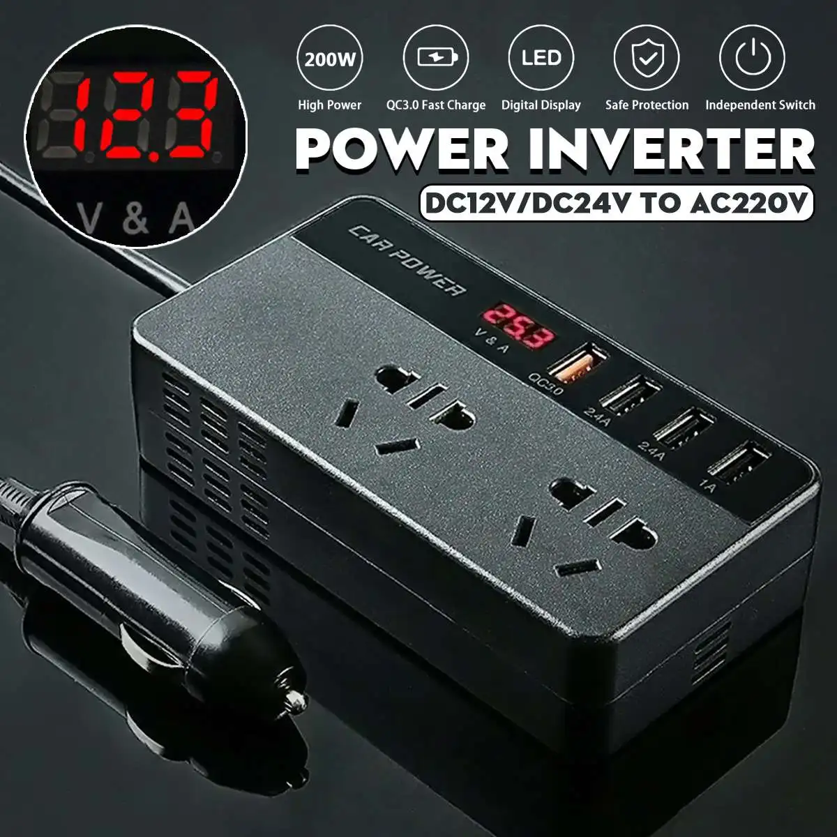 

Car Inverter 12V/24V DC to 220V AC 200W Auto Power Inversor with Digital Display Fast Charging For Car Power Adapter Accessories