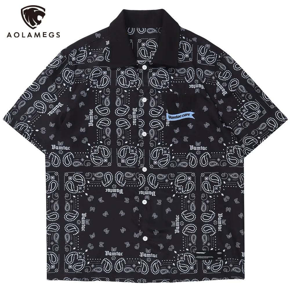 Aolamegs Мужская рубашка с коротким рукавом винтажная графика народный стиль топы