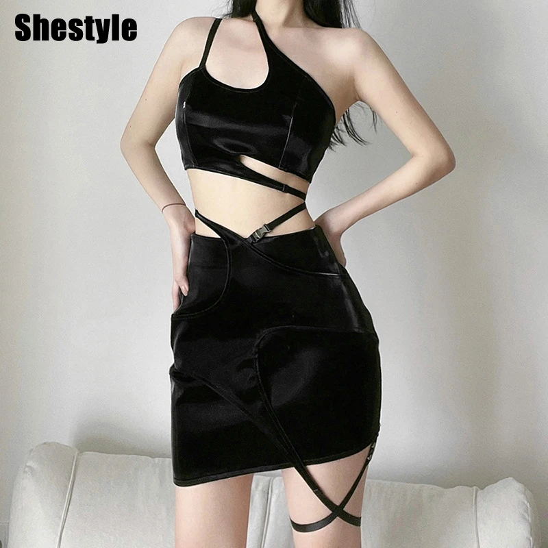 

Shestyle Women 2 Piece Sets Black Bandage Solid Slope Neck One Shoulder Camis Asymmetrical Matte PU Leather Suits Sexy Summer