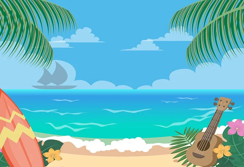 

7x5FT Beautiful Blue Sea Beach Palm Floral Flowers Ship White Clouds Custom Photo Studio Backdrop Background Vinyl 220cm X 150cm