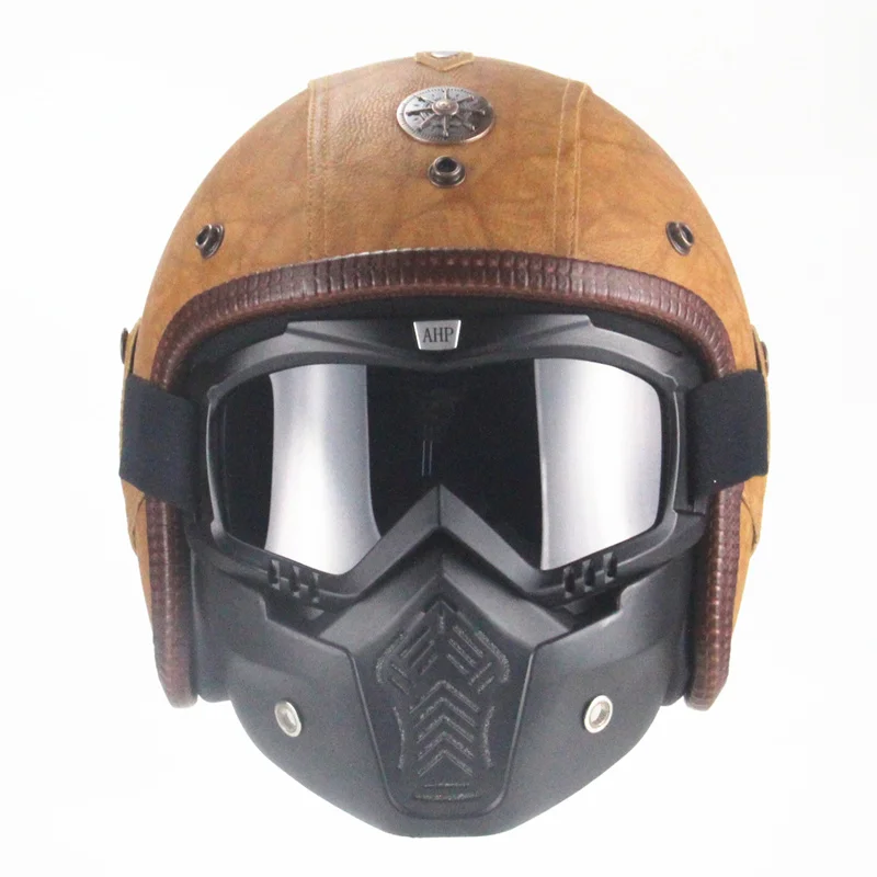 New Open Face 3/4 Motorcycle Helmet PU Leather Retro Motorbike Helm Moto Bike Motocross Helmets With For Men Women enlarge