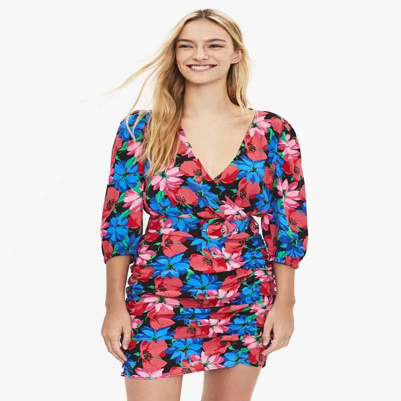 Хит продаж летнее женское винтажное стильное платье с цветочным принтом и поясом