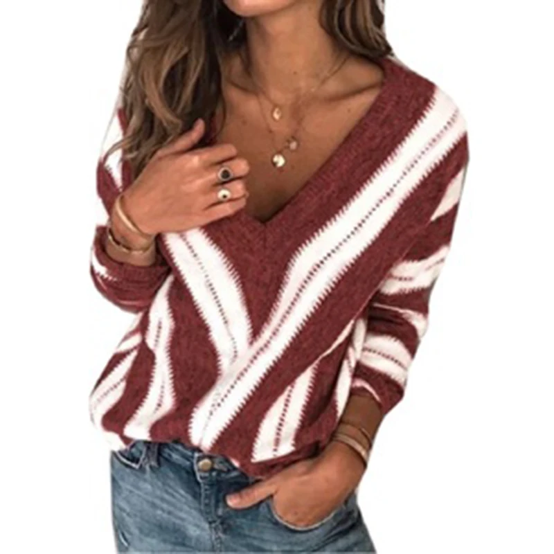 

Umeko Autumn Winter Women's V-Neck Striped Pattern Knitted Sweater Long sleeve Solid Warm Loose Casual Ladies Pullovers Sweater